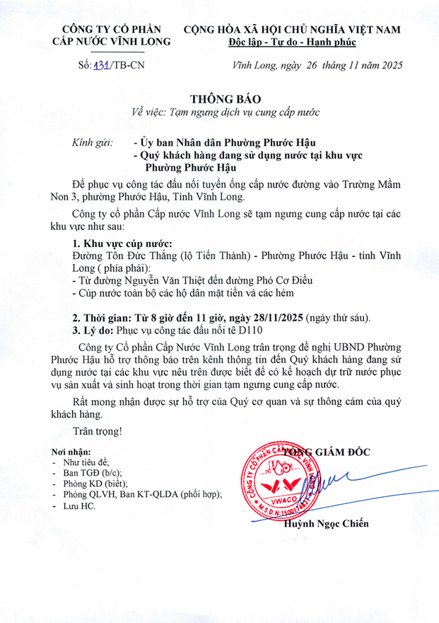 Thông báo tạm ngưng cung cấp nước vào ngày 28112025 – KV phường Phước Hậu - tỉnh Vĩnh Long