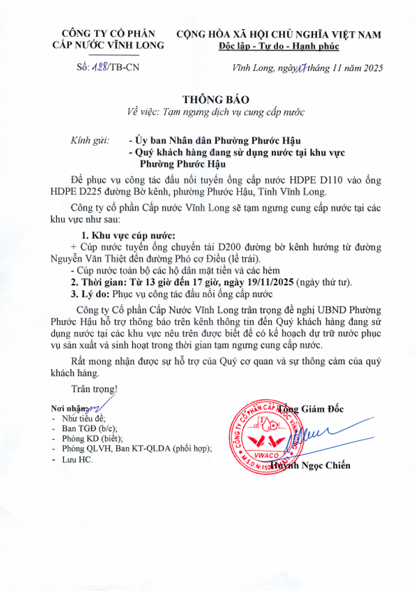 Thông báo tạm ngưng cung cấp nước vào ngày19112025 – KV phường Phước Hậu - tỉnh Vĩnh Long